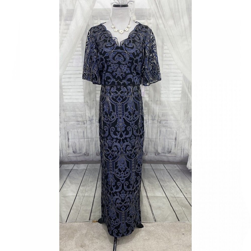 JS Collections Size 6 Blue Black Flutter Sleeve Evening Gown Long Dress Pencil